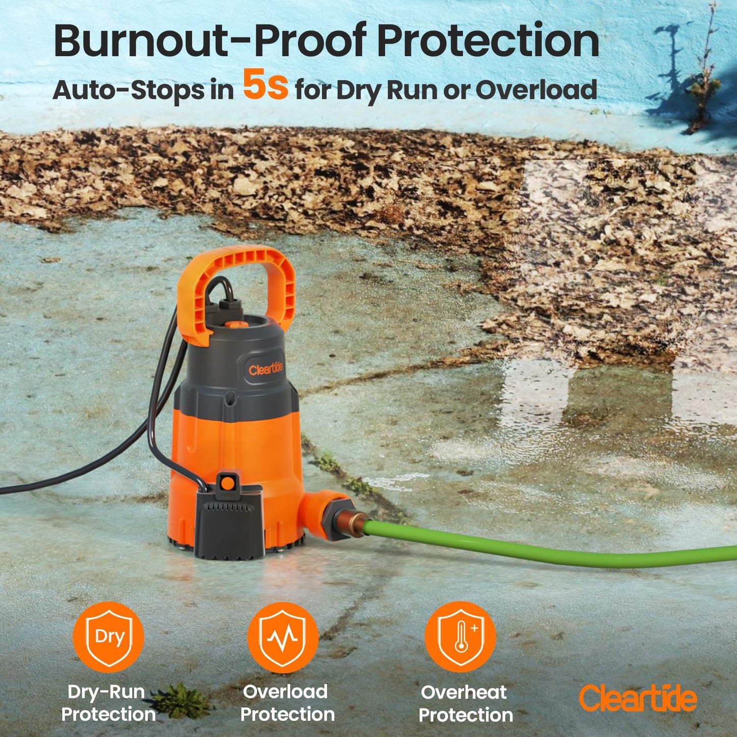 Cleartide 1/3 HP Submersible Utility Pump, 2790 GPH High Flow, Portable Sump Pump with Auto Water Sensor, Ideal for Flooded Basement & Yard, Hot Tub, Pond and Garden Draining