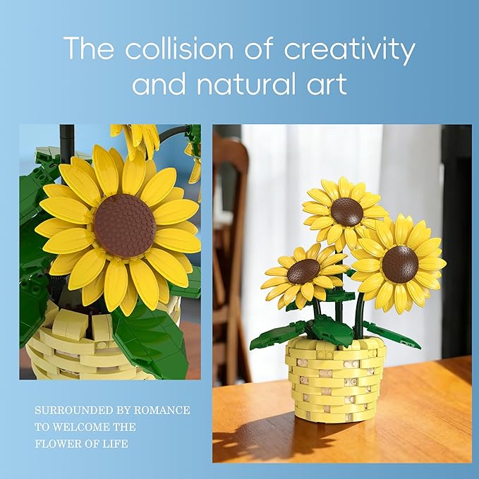 Xbert Sunflower Building Set Botanicals Potted Plant Artificial Flowers Fake Indoor Flowers for Home Office Bedroom Desk Decor - Gifts for for Women Adults