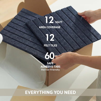 VIVELDA Felt Bulletin Board Tiles 48"x36" - 12-Pack Cork Board Alternative, OEKO-TEX Certified, NRC 0.95 Acoustic Wall Panels, Damage-Free Adhesive, Slatted Design, Home Office & Classroom (Moonstone)