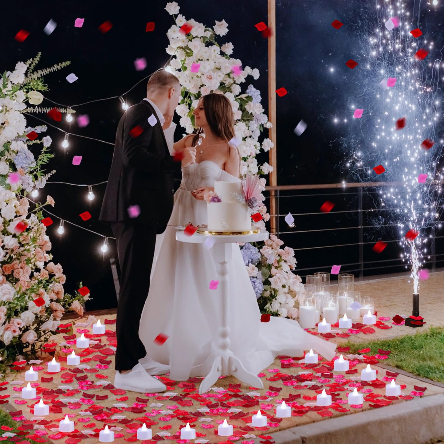 Coume 6000 Pieces Artificial Rose Petal 72 Pieces LED Tealights Candle, Romantic Decorations Special Night Rose Petal Heart Candle for Valentines Wedding Anniversary Proposal Decor(White Light)