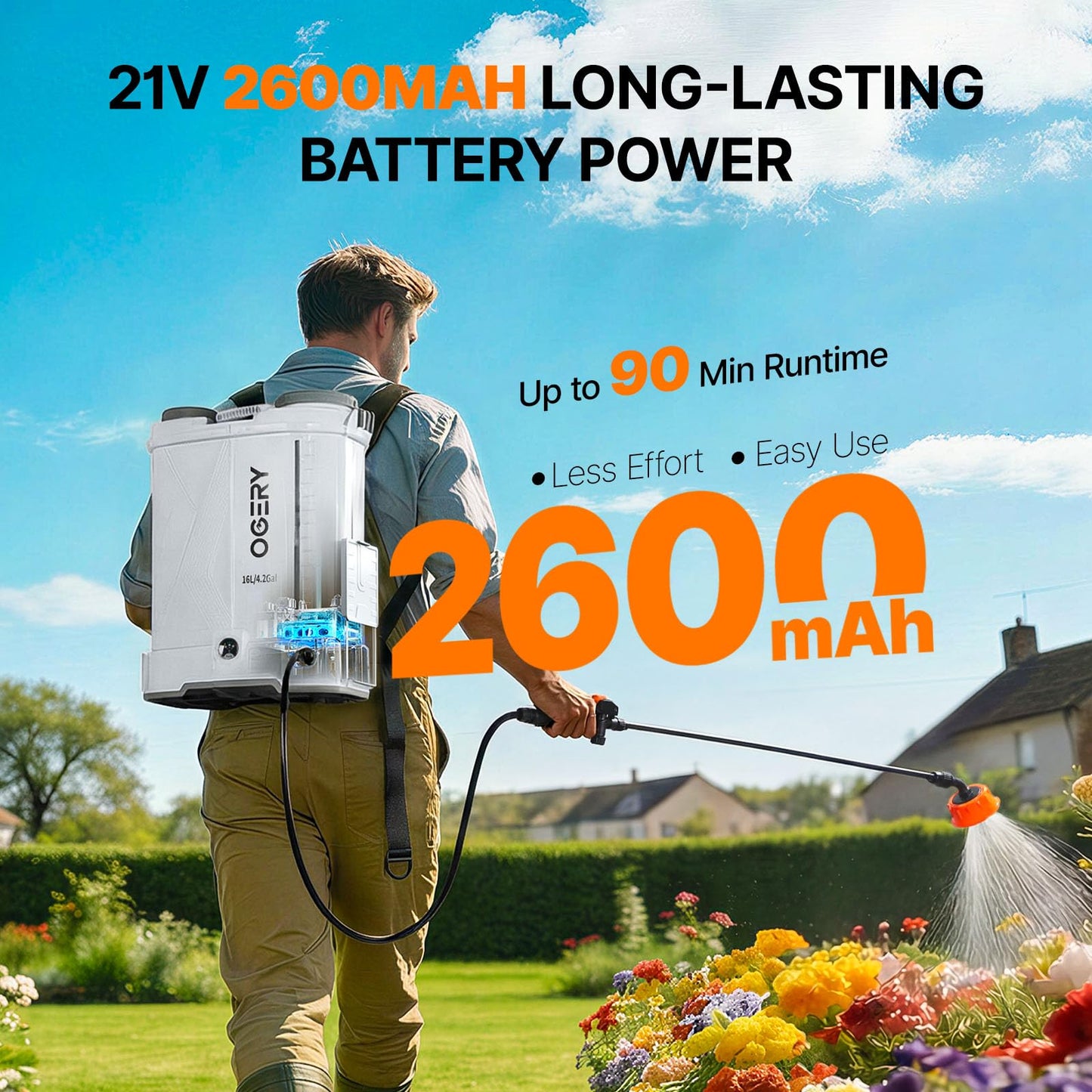 OGERY Battery Powered Backpack Sprayer 4 Gallon, 2.6Ah 21V Battery Electric Pump Sprayer with 6 Nozzles, Telescopic Stainless Steel + Plastic Wand for Lawn Garden Weed Yard Cleaning (Charger Included)