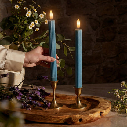 West Ivory 6 Pack, 10" LED Flameless Blue Fluted Ribbed Grooved Taper Candles, Remote & 24h Timer Memory, On/Off Button, Dimmable, Flicker Mode, Battery Operated, Christmas Menorah Wedding