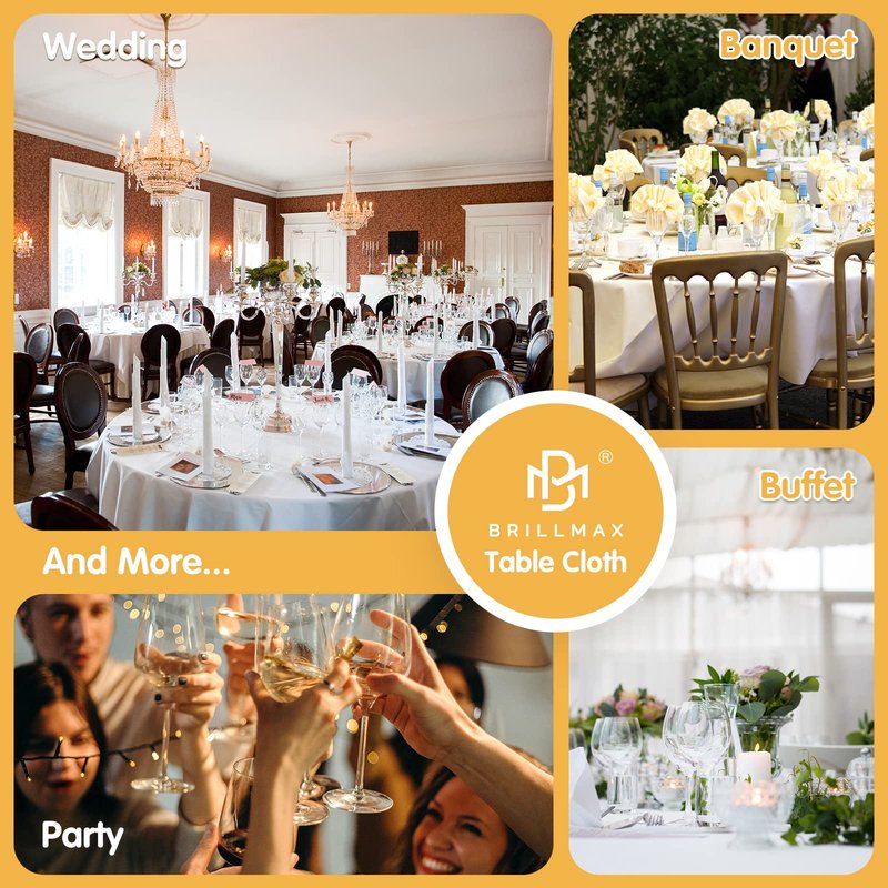 BRILLMAX 6 Pack White Round Tablecloths 120 Inch for 60” Tables - 150 GSM Polyester Fabric, Floor Length Drop, Water, Stain & Wrinkle Resistant Cloth Cover for Wedding Reception Banquet Dining