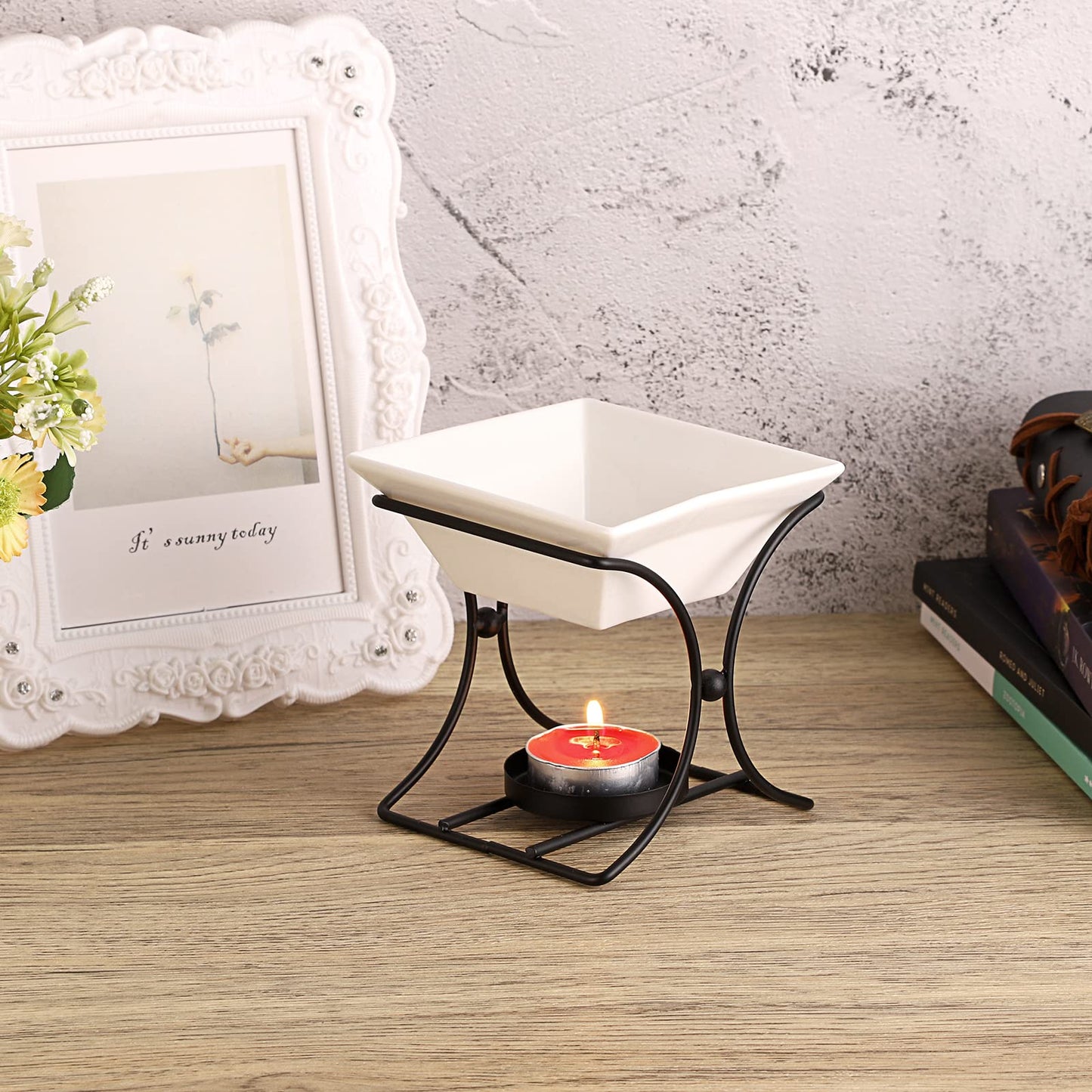 JuxYes Metal Tealight Scented Wax Melts Warmers Fragrance Oil Diffuser Burner, Ceramic Tealight Candle Oil Burner Warmer Aromatherapy Wax Candle Tart Warmer Diffuser for Home Bedroom Décor