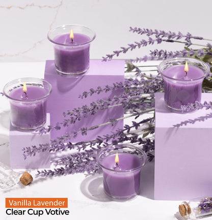 HYOOLA Clear Cup Scented Votive Candles - Vanilla Lavender - 12 Hour Burn Time - 4 Pack - European Made