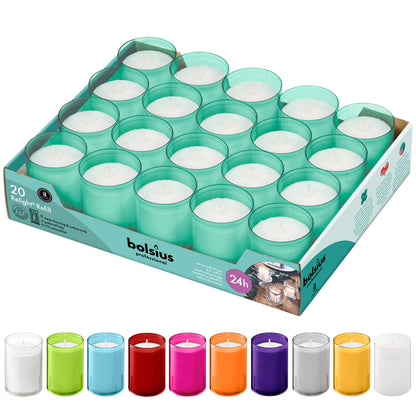 BOLSIUS 24 Hour Votive Candles - 20 Pack Wedding Candles in Green Unbreakable Plastic Cups - Premium European Quality - Unscented Smooth and Smokeless Relight Candles