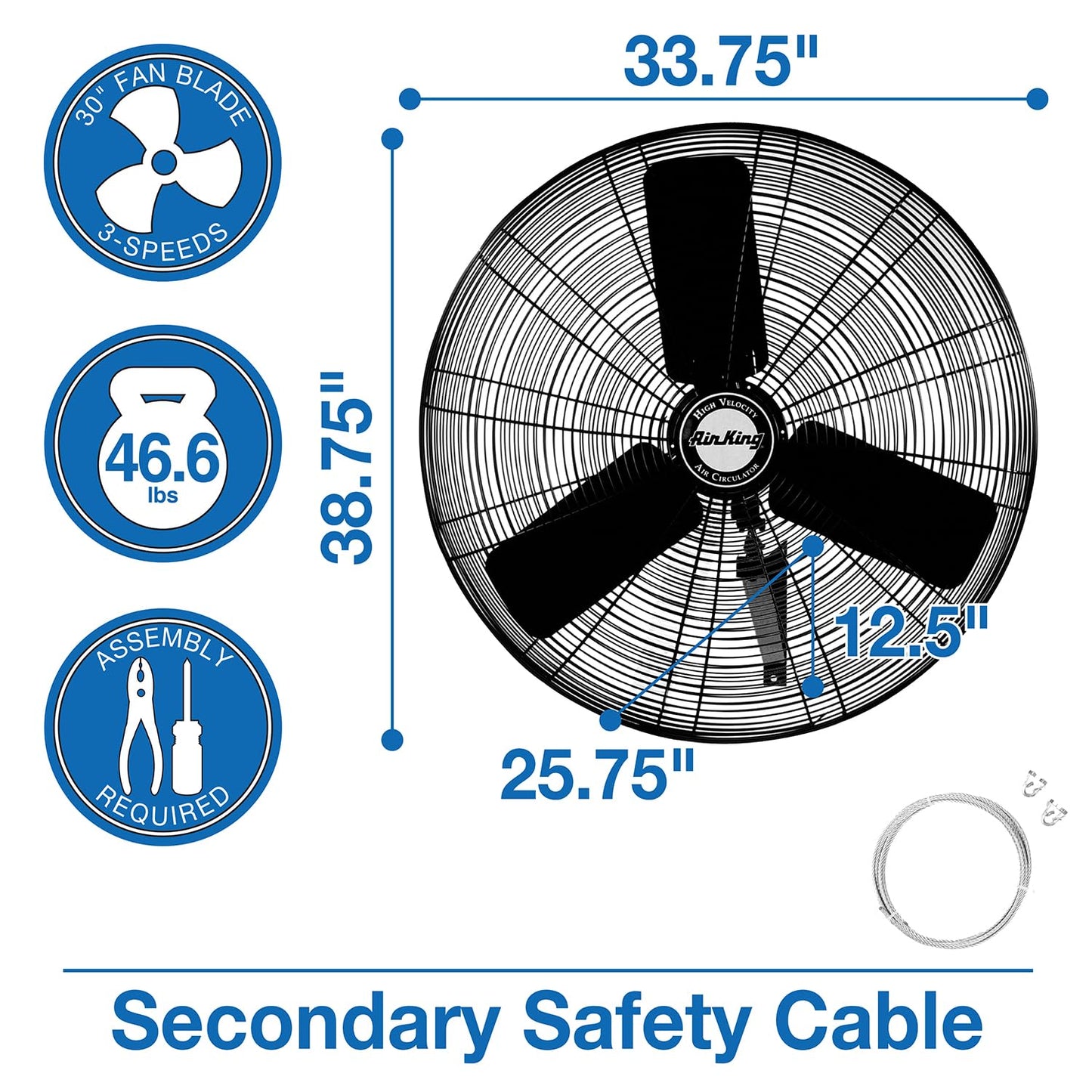 Air King 9035 30-Inch Industrial Grade Oscillating Wall Mount Fan, 1/4-Horsepower, Black Finish