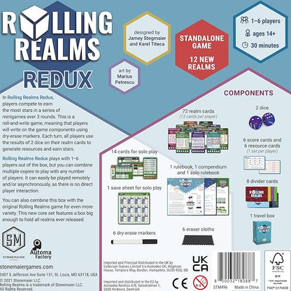 Stonemaier Games: Rolling Realms Redux by Jamey Stegmaier &amp Karel Titeca | A Light Strategic Roll-and-Write Game for Families and Adults | Compete in a Series of Minigames | 1-6 Players 30 Mins