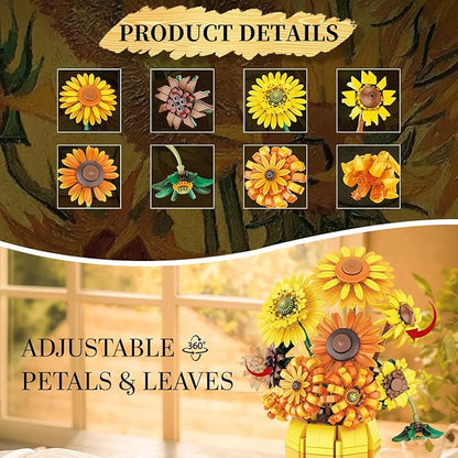 Van Gogh Sunflower Building Set Adjustable Flowers Bouquet for Adults Teens 1009PCS Botanical Collection Compatible with Lego Home Decor Gift for Any Occasion