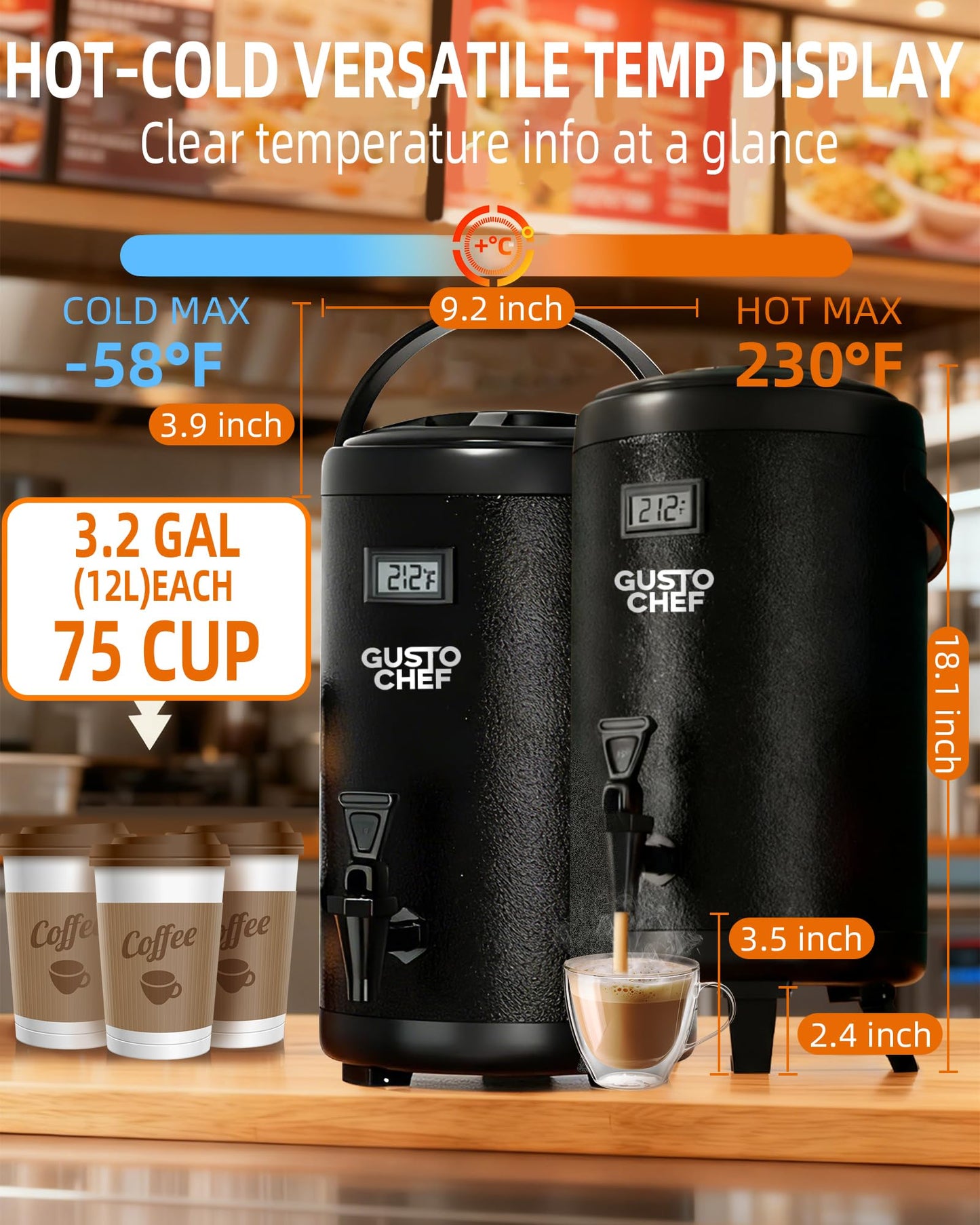 GUSTOCHEF Insulated Beverage Dispenser 3 Gallon,Hot&Cold Drink Dispenser with Spigot,LCD Thermometer,Stainless Steel Triple-Layer Insulation,for Tea Coffee Milk Juice,Party Buffet(Black, 2 Pack)
