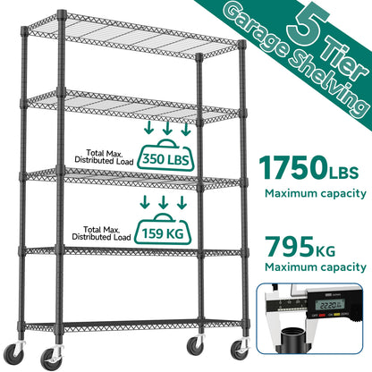 M MZG 1750LBS 47.2" W 5 Tiers Storage Shelves Metal Shelving Unit with Wheels Heavy Duty Garage Shelving Adjustable Wire Shelves for Pantry,Kitchen,Garage,Basement,Black 17.7" D x 47.2" W x 76.8" H