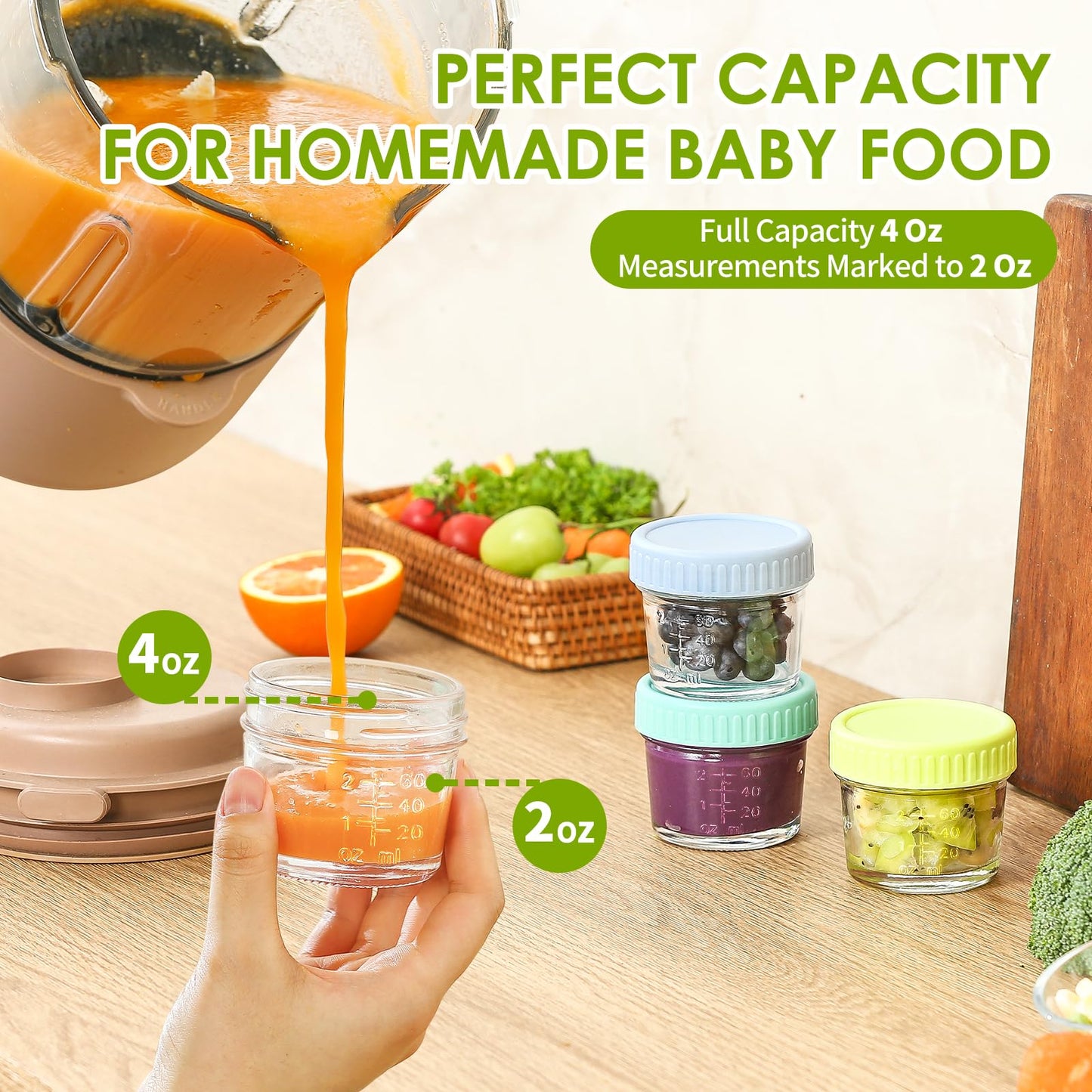 DRKIO 20 Pack Glass Baby Food Storage Containers 4 Oz Baby Food Jars with Lids Baby Food Maker Microwave Dishwasher Freezer Safe 100% Leak-Proof BPA Free