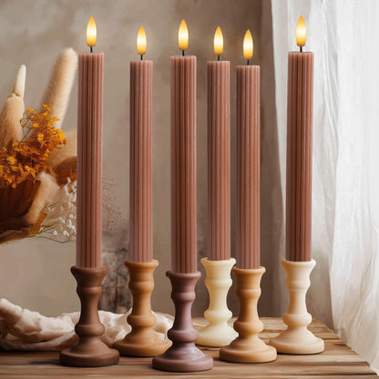 West Ivory 12 Pack, 10" LED Flameless Brown Tan Fluted Ribbed Grooved Taper Candles w/ 2 Remotes & 24h Timer Memory, On/Off Button, Dimmable, Flicker Mode, Battery Operated, Christmas Menorah Wedding