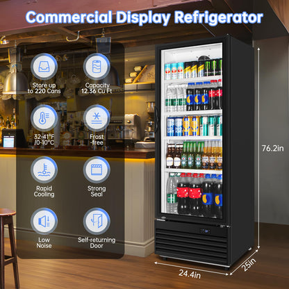 Velieta Commercial Beverage Refrigerator, 24.5 Inch 15 Cu. Ft. Drink Fridge, Display Refrigerator with Glass Door, Commercial Display Fridge with 4 Adjustable Shelves, for Shops, Restaurants, Bars