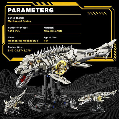 Mechanical Mosasaurus Building Set for Adults Dinosaur Building Block Set Compatible with Lego 1413PCS Ocean Animal Collection Toy with Display Stand and Light Home Office Decor Idea Gift