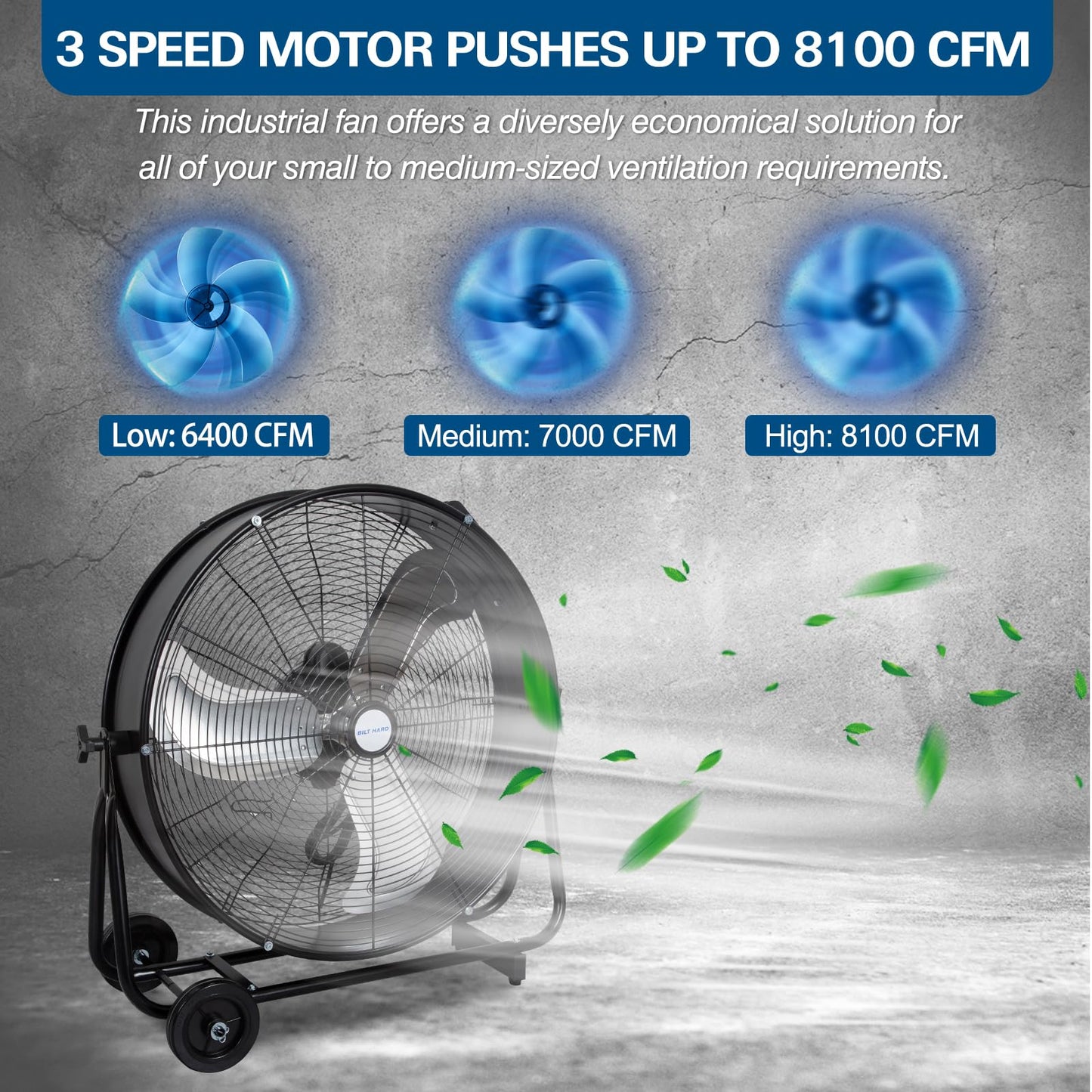 BILT HARD 24" 8100 CFM High Velocity Industrial Drum Fan, 3 Speed Heavy Duty Tilt Metal Shop Fan, Ideal for Garage, Warehouse Factory and Commercial Use, Black