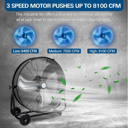 BILT HARD 24" 8100 CFM High Velocity Industrial Drum Fan, 3 Speed Heavy Duty Tilt Metal Shop Fan, Ideal for Garage, Warehouse Factory and Commercial Use, Black