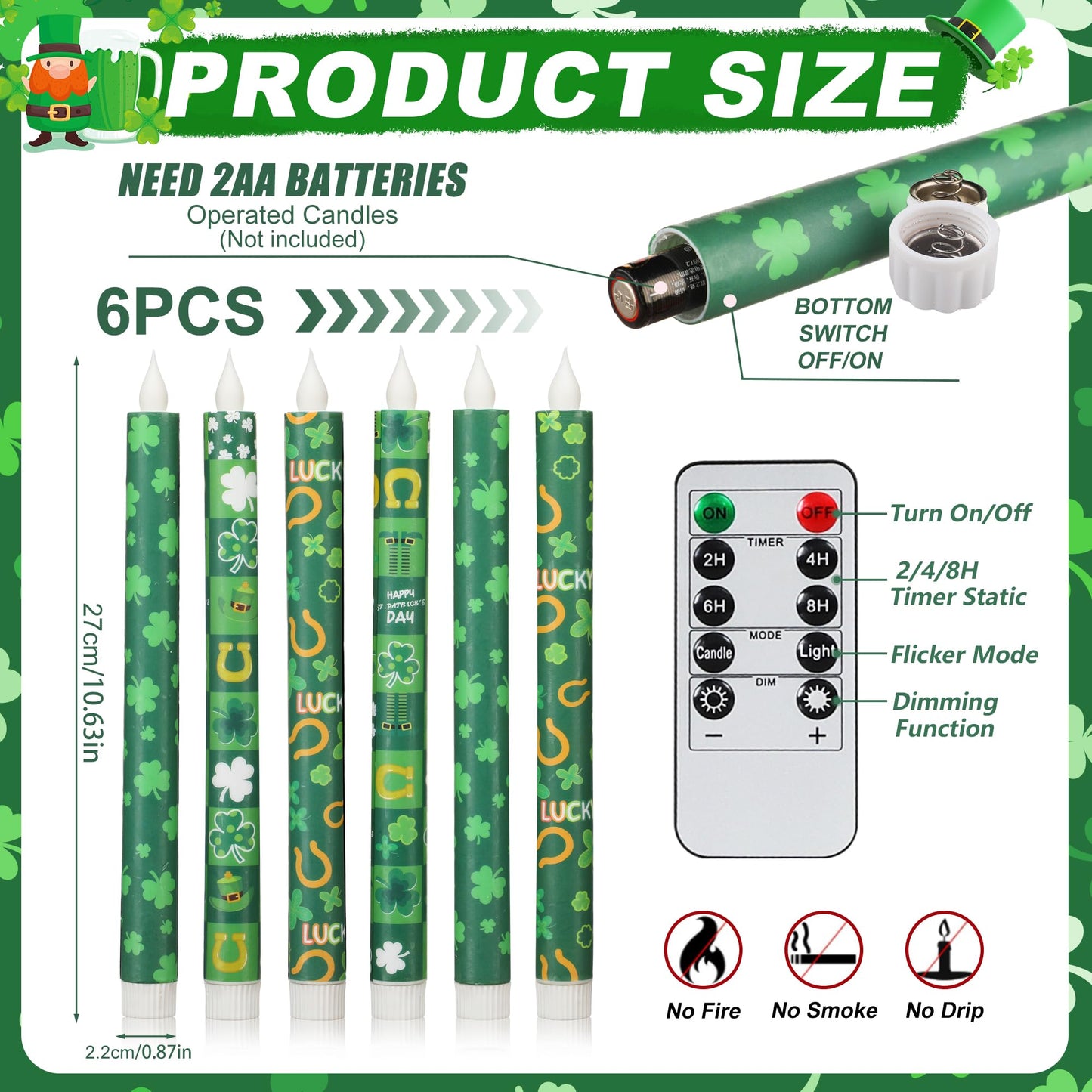 LCZLUMIPRO 6Pcs St. Patrick' s Day Flameless Taper Candles, 10.63" Green Battery Operated LED Shamrock Candles with Lucky Charms,Remote Timer, Candlesticks,Irish Party Favor Gifts for Home Table Decor