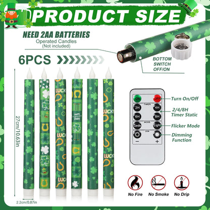 LCZLUMIPRO 6Pcs St. Patrick' s Day Flameless Taper Candles, 10.63" Green Battery Operated LED Shamrock Candles with Lucky Charms,Remote Timer, Candlesticks,Irish Party Favor Gifts for Home Table Decor