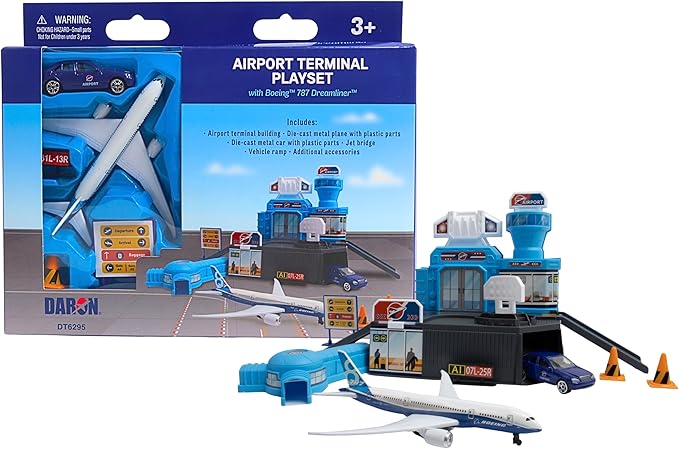 Daron Airport Building Playset with Boeing 787 Die-Cast Metal Airplane &amp Free-Wheeling Airport Car – Buildable Terminal with ATC Tower Jet Bridge &amp Accessories Construction Toy for Ages 3+