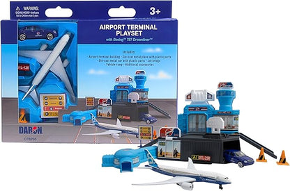 Daron Airport Building Playset with Boeing 787 Die-Cast Metal Airplane &amp Free-Wheeling Airport Car – Buildable Terminal with ATC Tower Jet Bridge &amp Accessories Construction Toy for Ages 3+