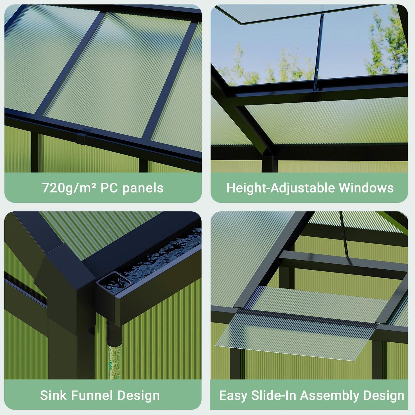 6X10 ft Greenhouse, Greenhouses for Outside, Aluminum Frame Polycarbonate Panels with Sliding Lockable Door and Ajustable Roof Vent, Spacious Walk-in Design for Backyard, Garden, Patio, Black