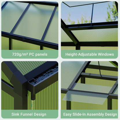 6X10 ft Greenhouse, Greenhouses for Outside, Aluminum Frame Polycarbonate Panels with Sliding Lockable Door and Ajustable Roof Vent, Spacious Walk-in Design for Backyard, Garden, Patio, Black