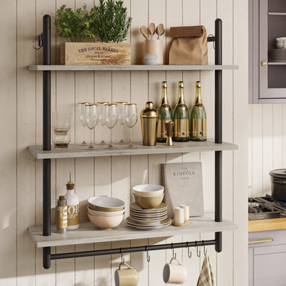 Bestier Floating Pipe Shelving Kitchen Shelves Wall Mounted 3 Tier Ladder Coffee Bar Shelf 3 Tier Bundle, Retro Grey