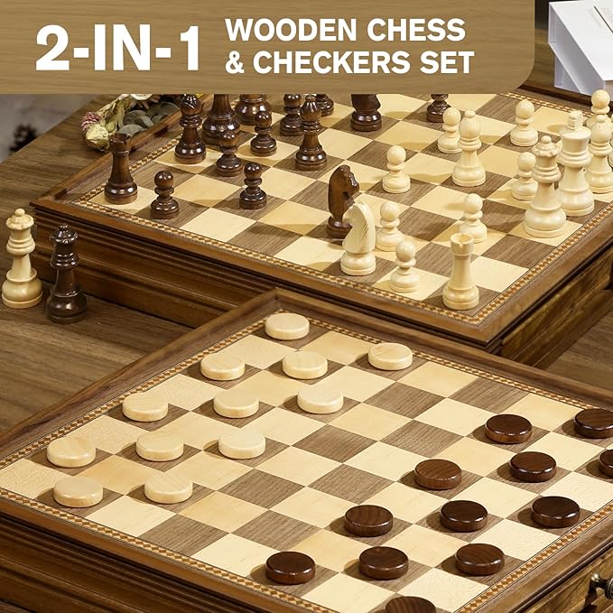 Peradix Magnetic Chess Checkers Board Sets with 2 Built-in Storage Drawers12.8 Classic 2 in 1 Wooden Games with 2 Extra Queens for Kids and AdultsTravel Portable Chess Game Set