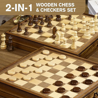 Peradix Magnetic Chess Checkers Board Sets with 2 Built-in Storage Drawers12.8 Classic 2 in 1 Wooden Games with 2 Extra Queens for Kids and AdultsTravel Portable Chess Game Set