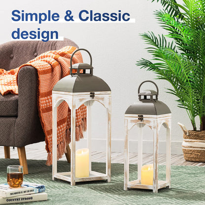 Glitzhome Lanterns Decorative Indoor, 2 Pack Mondern Farmhouse Candle Lanterns,Wooden Hanging Lanterns with Metal Top Floor Candle Lanterns for Home Décor, Weddings, Parties, Holiday (No Glass)