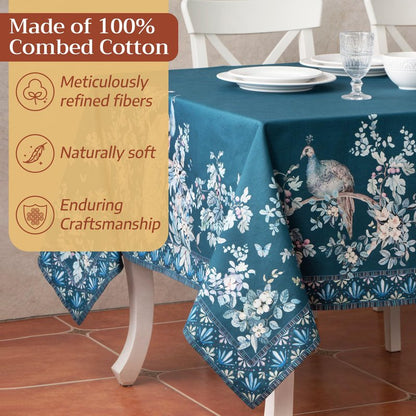 Maison d' Hermine Premium Table Cloth Rectangle Table 100% Combed Cotton 140 x 70 Inches Tablecloth Reusable Decorative for Dining Room, Farmhouse, Party, Festive & Wedding - Peacock Utopia - Deep Sea