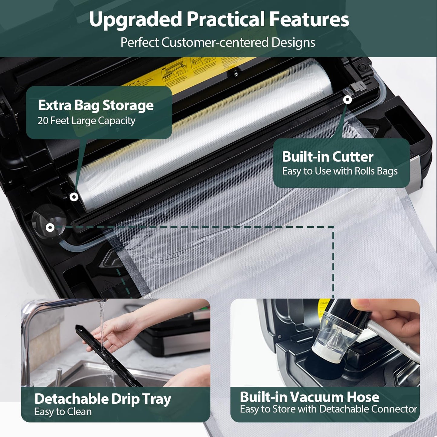 95kPa Vacuum Sealer Machine with AquaLock Technology, for Moist Seals, 2X Seal & 130W, Fully Automatic Food Sealer, Built-In Cutter