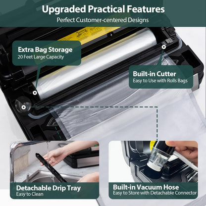95kPa Vacuum Sealer Machine with AquaLock Technology, for Moist Seals, 2X Seal & 130W, Fully Automatic Food Sealer, Built-In Cutter