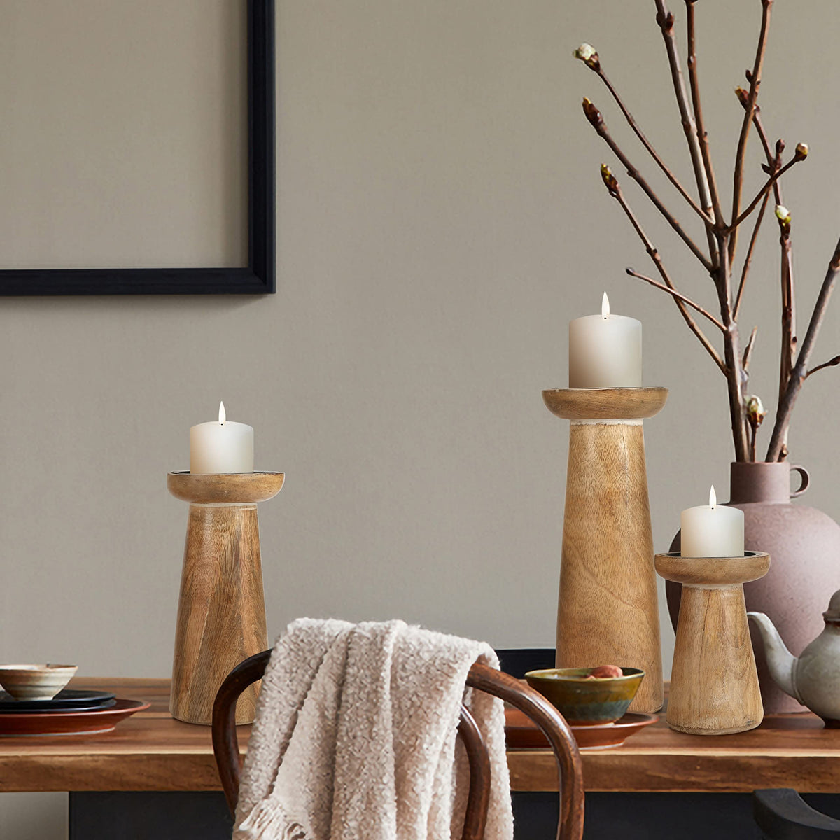 Hand Crafted Wooden Pillar Candle Holder Set of 3, Ideal for LED and Pillar Candle, Gift for Wedding, Christmas, Party, Home, Spa, Reiki, Aromatherapy, Votive Candle Garden - 10,8,6 Inch - White Wash