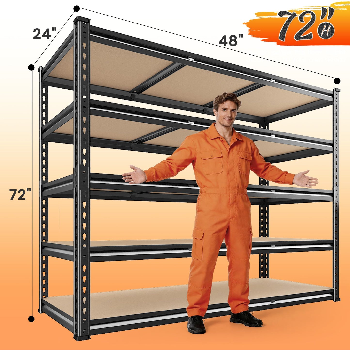 REIBII 48" W Garage Shelving 3080LBS Heavy Duty Storage Shelves 5 Tier Garage Shelves Adjustable Metal Shelving Unit Utility for Basement, Pantry, Warehouse, Commercial, Industrial, 72" H x 24" D