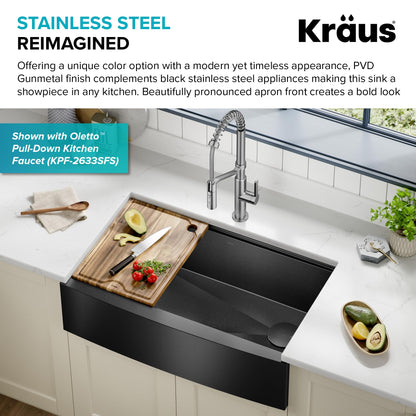 KRAUS Kore Workstation 33-inch Farmhouse Apron Front 16 Gauge Black Stainless Steel Single Bowl Kitchen Sink in PVD Gunmetal Finish with Accessories, KWF210-33/PGM