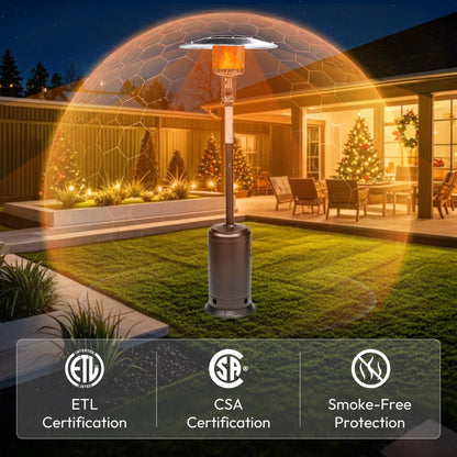 HEXAGO Outdoor Propane Patio Heater, 47,000 BTU Stainless Steel Standing Heater with Wheels, One-Touch Ignition & Adjustable Heat Control, Safety Auto Shut-Off System for Garden, Backyard & Restaurant
