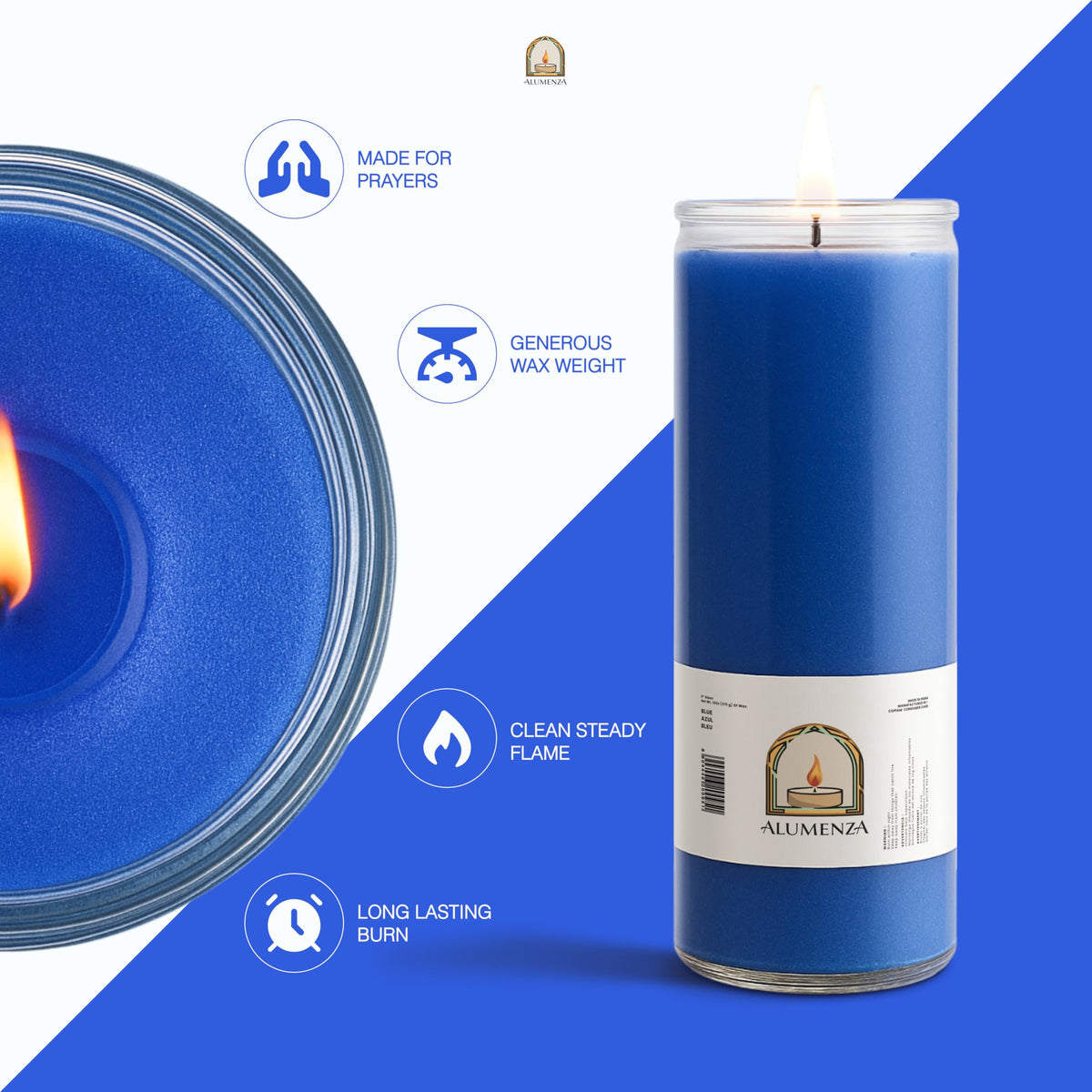 Alumenza 3 Pack Blue 7 Day Candles in Glass Jar – Paraffin Wax, Clean Burning Unscented | Large & Tall Devotional Prayer Pillar Candles for Home, Memorial, Spells, Long Lasting