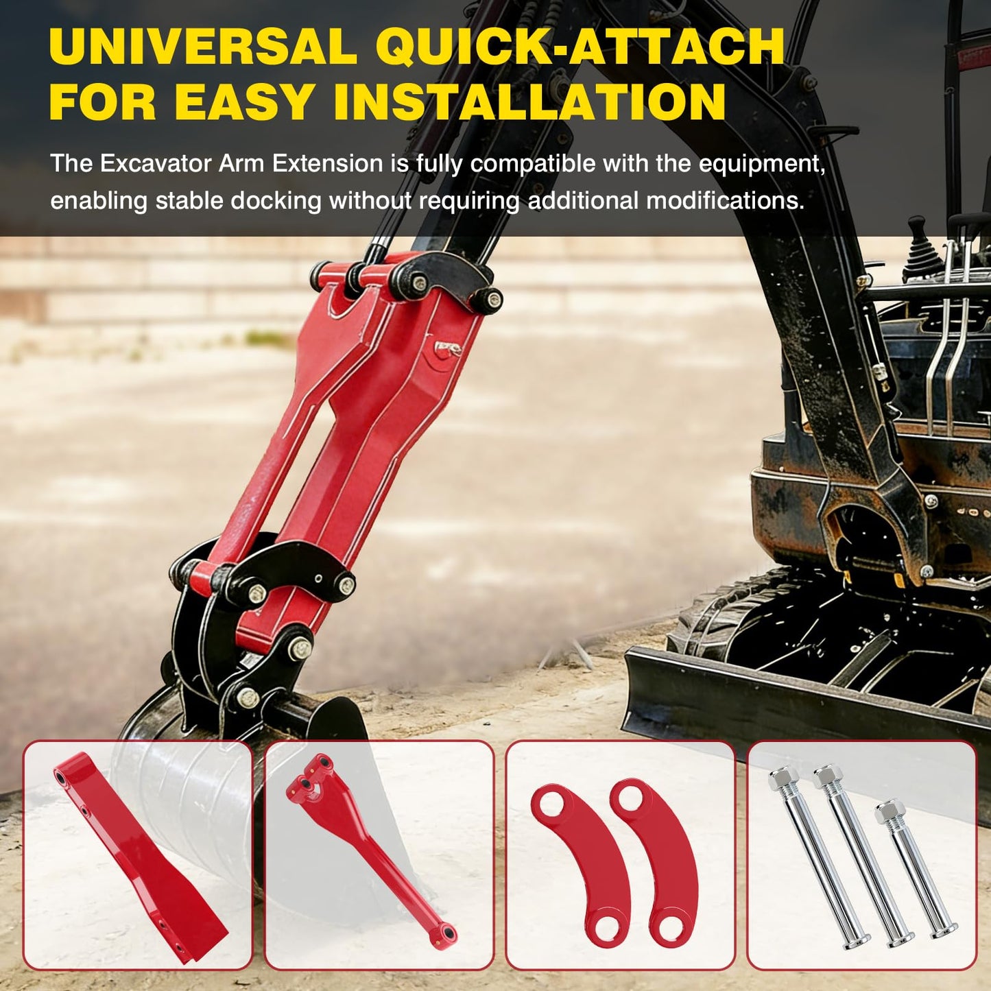26" Mini Excavator Arm Extension - Heavy-Duty Steel Quick Attach Boom, Fits 1-6 Ton Machines, Extended Reach for Ditch Digging & Trenching, Mini Excavator Accessories