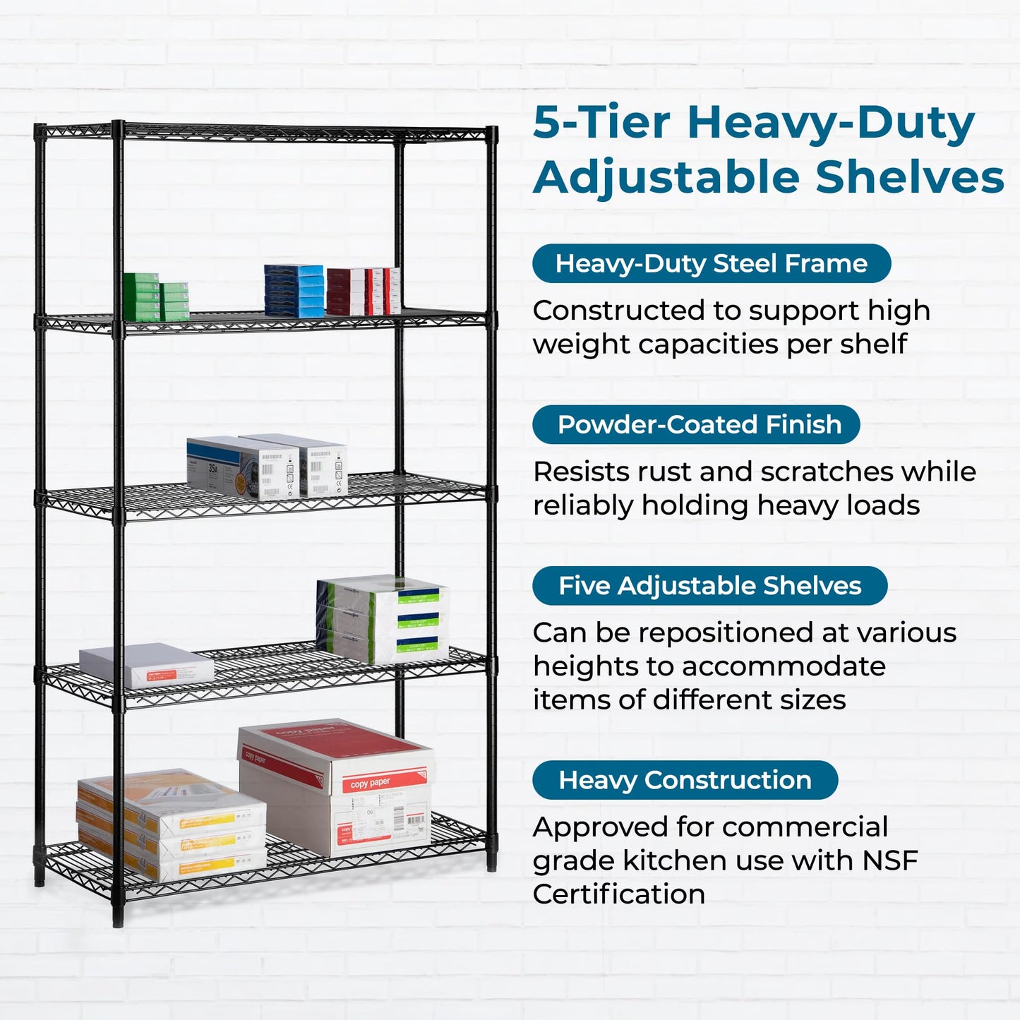 Honey-Can-Do 5-Tier Heavy Duty Adjustable Shelving Unit, 800-lb Per Shelf Metal Storage Rack, Industrial Strength Wire Shelf for Garage Workshop Warehouse, Black, 42 x 18 x 72 in