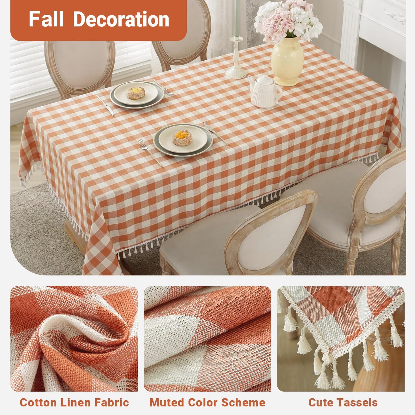 Laolitou Checkered Fall Holiday Tablecloth Rectangle Washable Buffalo Plaid Table Cloth with Tassel Cotton Linen Thanksgiving Gingham Table Cover for Picnic Kitchen Dining Room, Orange, 55 x 55 Inch