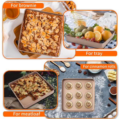 Barlket Square Baking Sheet 11x11 Inch and 9x9 Inch, Heavy Duty Non-Stick Baking Pan 28x28 for Toaster Oven, for Bread, Brownie and Cookie, Heats Evenly and Easy Release, Set of 2, Champagne Gold