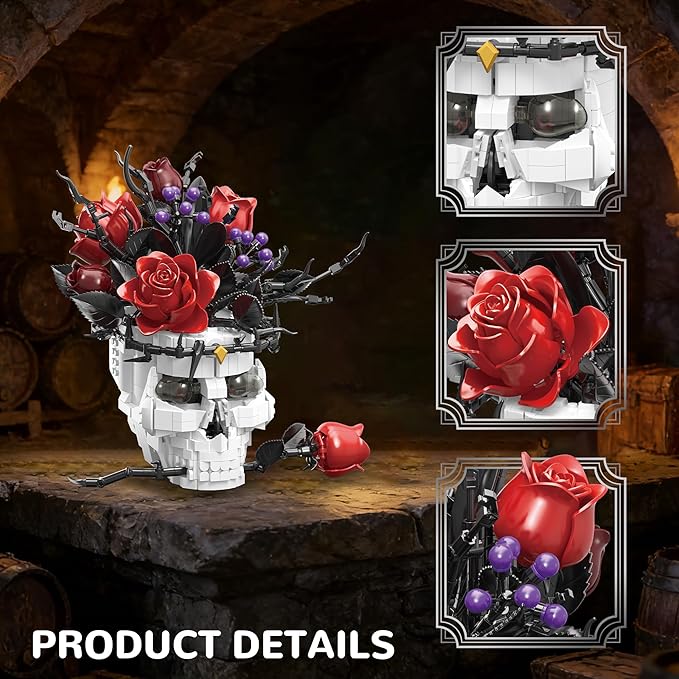 Skull Roses Flowers Building Set for Adults Gothic Horror Skeleton with Red Bouquet Botanical Collection Home Art Decor Gift for Women Girls