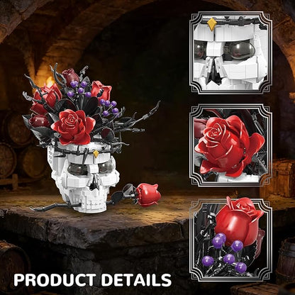 Skull Roses Flowers Building Set for Adults Gothic Horror Skeleton with Red Bouquet Botanical Collection Home Art Decor Gift for Women Girls
