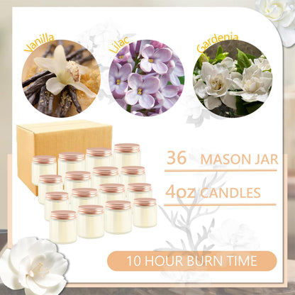 ACITHGL 36 Pcs 4oz Mini Mason Jar Candles Small Scented Candles Bulk Aromatherapy Ideal Souvenir Favors for Wedding Birthday Party (Vanilla, Lilac, Gardenia, Pink)