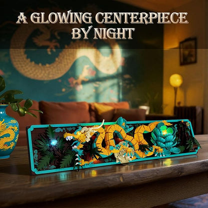 JMBricklayer Mythic Dragon Tiles Building Block Sets with LED Lights for Adults 70020 Wall Art Crafts Frame Building Sets Home &amp Office Decor Dragon Kits with Flowers Creative Gifts for Men Wo