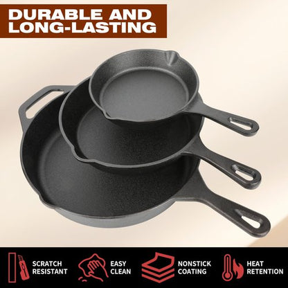 Cast Iron Skillet 3-Piece Set, 6", 8", 10" Frying Pans, Heavy-Duty Pre-Seasoned Pan Cookware Set, For Frying, Saute, Cooking, Pizza & More, Black