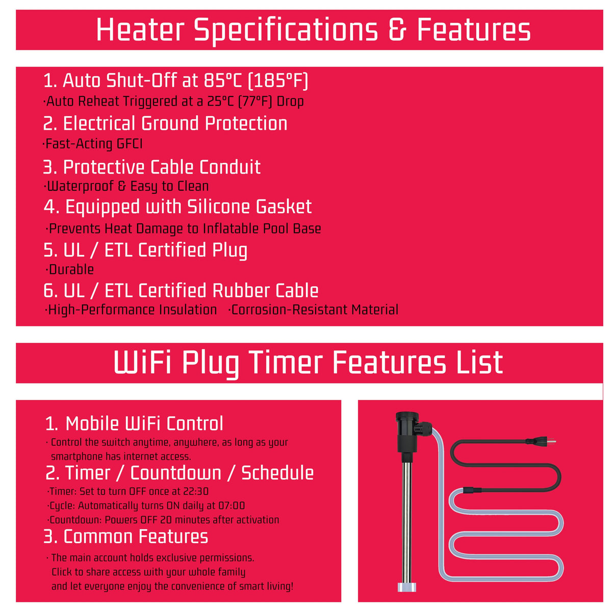YLboyLIAN 2000W Immersion Water Heater for Pool & Hot Tub – Portable Electric Submersible Heater with Temp Control, Auto Shut-Off and WiFi Timer for Above Ground Pool, Bathtub, and Baptismal pool