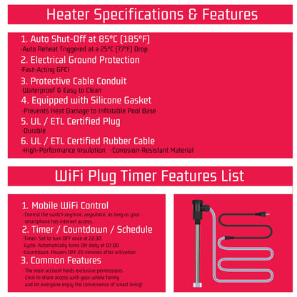 YLboyLIAN 2000W Immersion Water Heater for Pool & Hot Tub – Portable Electric Submersible Heater with Temp Control, Auto Shut-Off and WiFi Timer for Above Ground Pool, Bathtub, and Baptismal pool